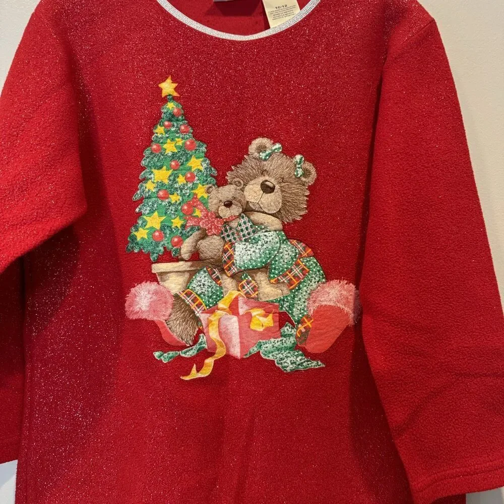 Vintage Christmas Nightgown Teddy Bear Fleece Red Sparkle Y2K Pjs Girls 10/12